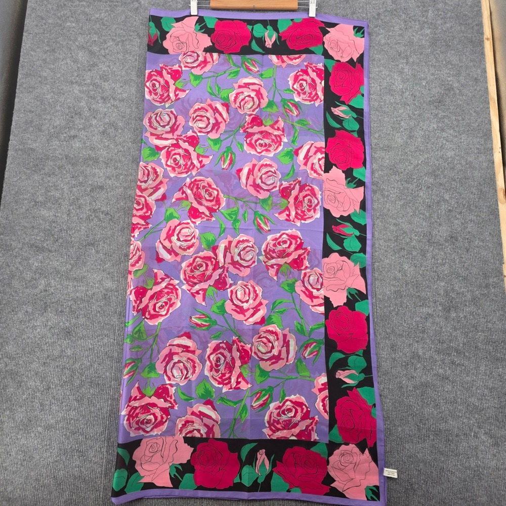 Vintage Made in Italy Purple Rose Floral Print Rectangular Scarf RN 13962